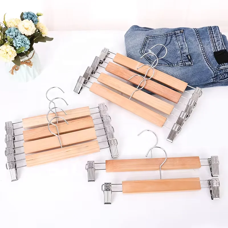 Nature Wooden Pant Hanger Wooden Suit Hangers With Steel Clips And Hooks Standard Clothes Hanger