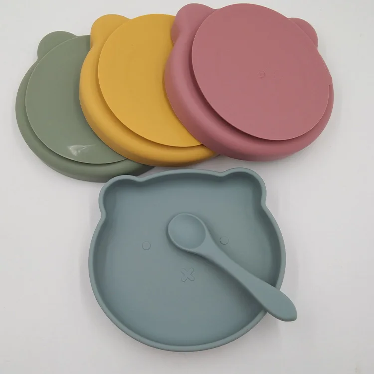 Tableware Suction Bear Shape Kid Dinner Plates Silicone BPA Free Baby Feeding Plate with Spoon