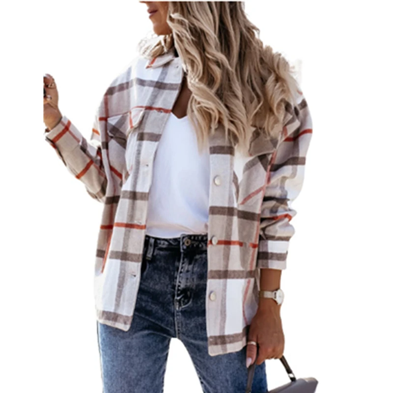 
Women Clothing Casual Gray Oversized Plaid Blouse Checkered Flap Women Coat Jacket 