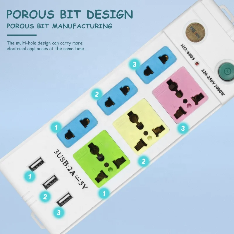 extension board with usb port Universal standard 6outlet muliple type colorful extension socket power strip