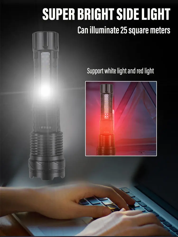 Super Bright 10000 high lumen ZOOM Flashlight powerfull Torch Light linterna USB-C Long Range XHP50 LED Flashlight Rechargeable