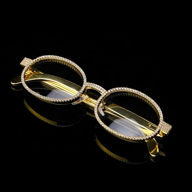 2021 Iced Out Gold Plating Glasses Retro Round Sunglasses Women Vintage Sun glasses Bling Cubic Zirconia Hip Hop Jewelry