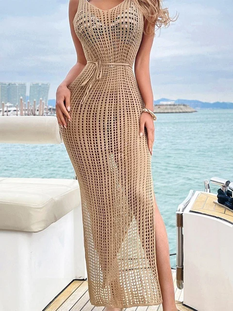 Cover Up Bathing Suit Off Crochet Tunic Knitted Kaftan Hollow Out Robe Long Beach Dress Slit Outer Cover Women Cover-ups Swim