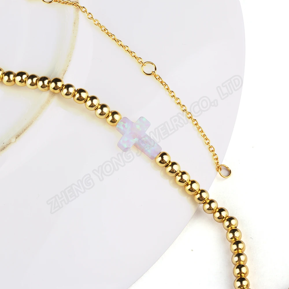 Hot Selling White Cross Charm Bracelet Gold Beads Synthetic Opal Jewelry 925 Sterling Silver Bead Bracelet