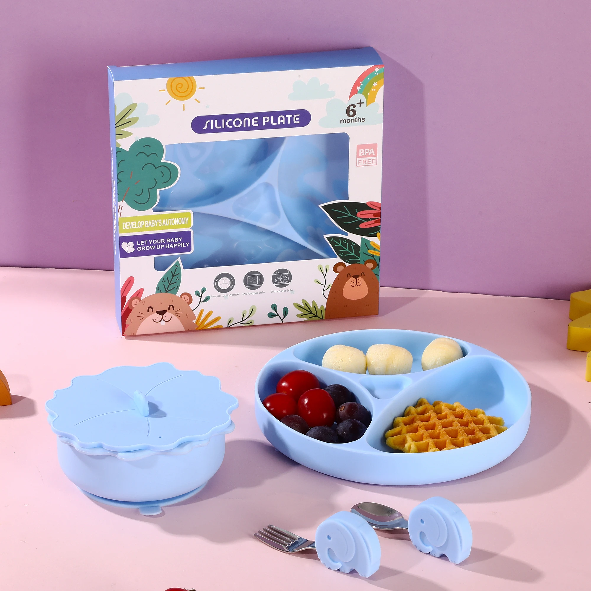 Wholesale customizable odor free and easy to clean round divider tray bib bowl spoon fork silicone baby feeding gift set