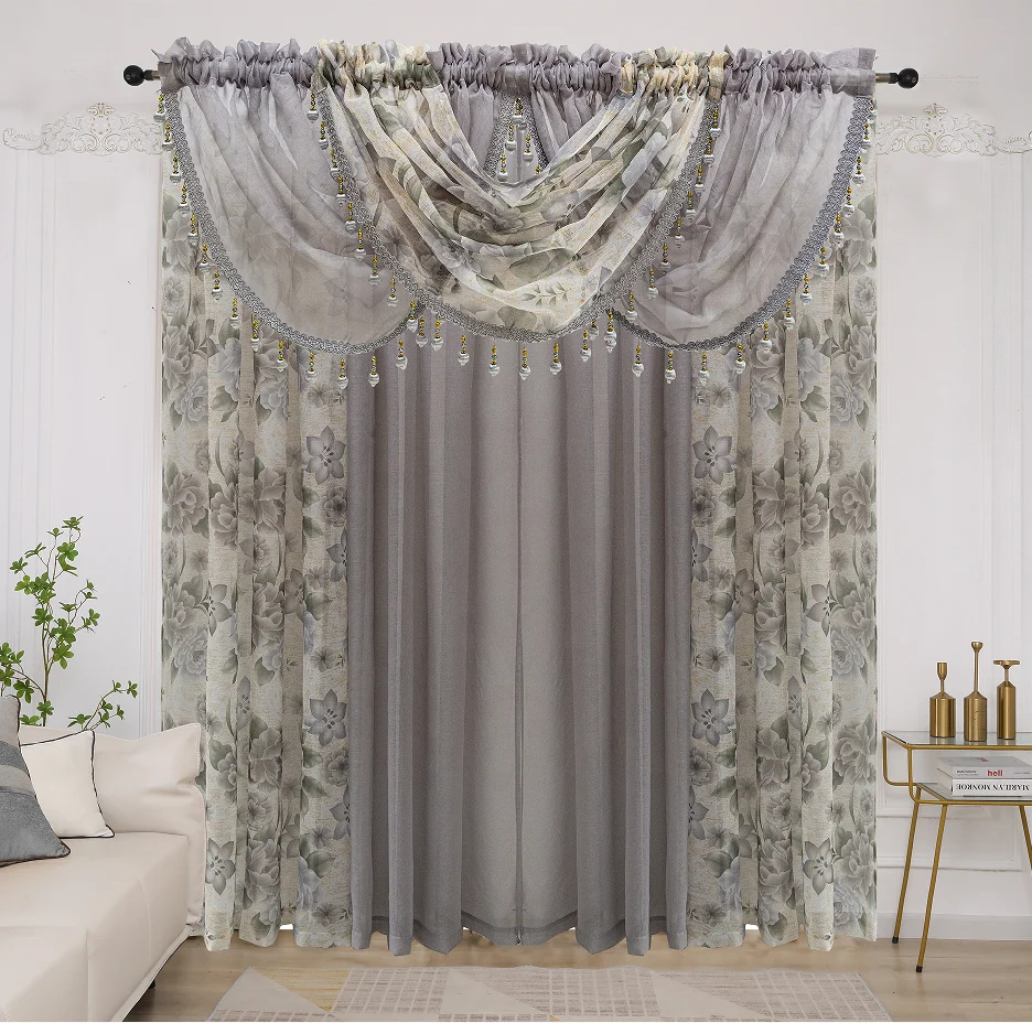 Modern design sheer printed window curtains 7 pieces sheer drapes set ready made curtain valance for the living room