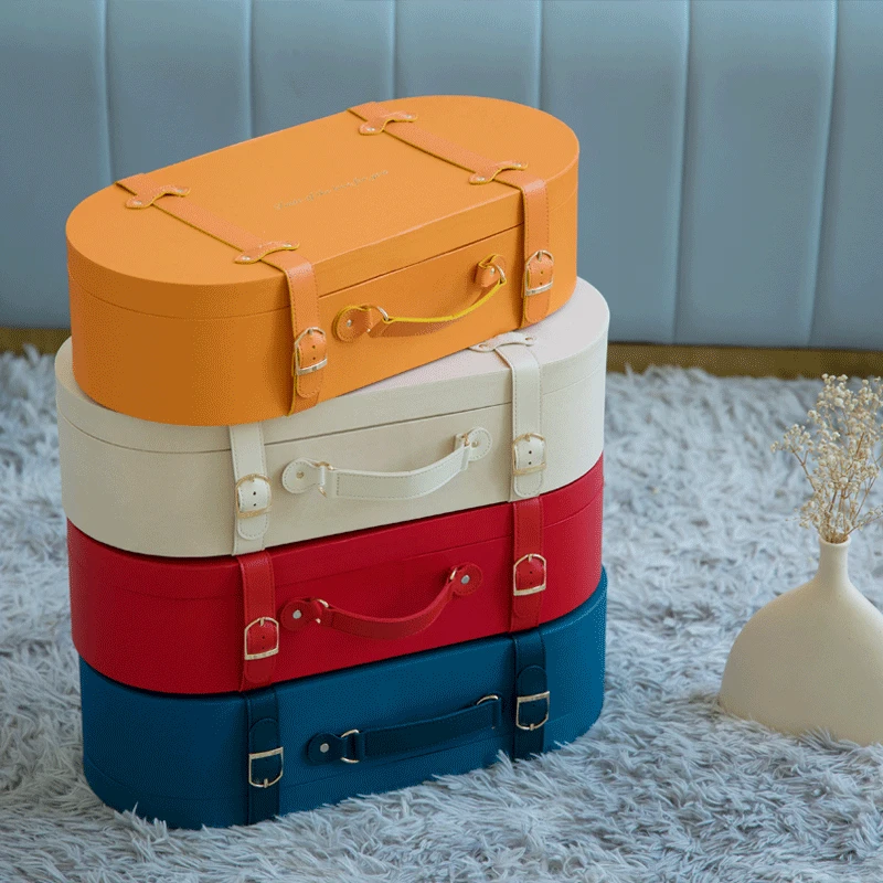 Paper cardboard suitcase shape box cosmetic flower rose wine gift set packaging box with handle for baby shower house warming