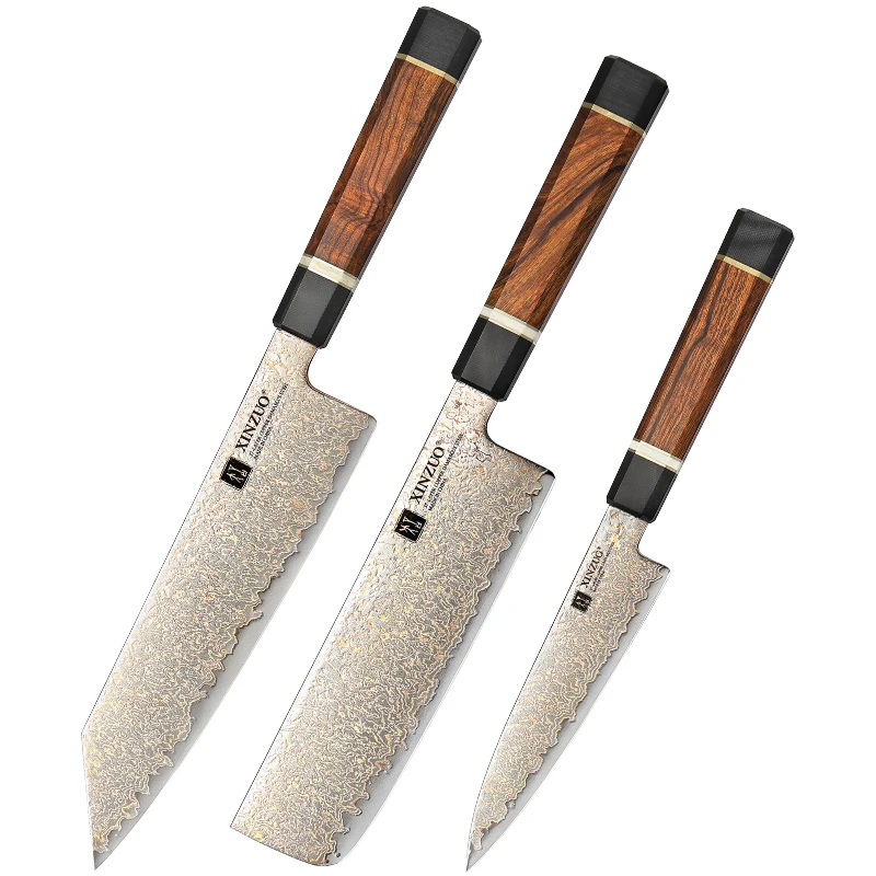 XINZUO New 3Pcs Customized 37 Layers Tricolour Copper Damascus steel Desert Ironwood Handle Sharp Kitchen Chef Knife Sets Gift