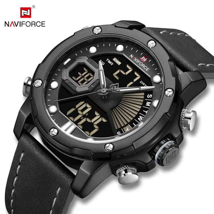 NAVIFORCE 9172 BGYB Luxury Brand Quartz Wrist Watch Steel Waterproof Dual Display Date Clock LCD Display Sport Men Watches