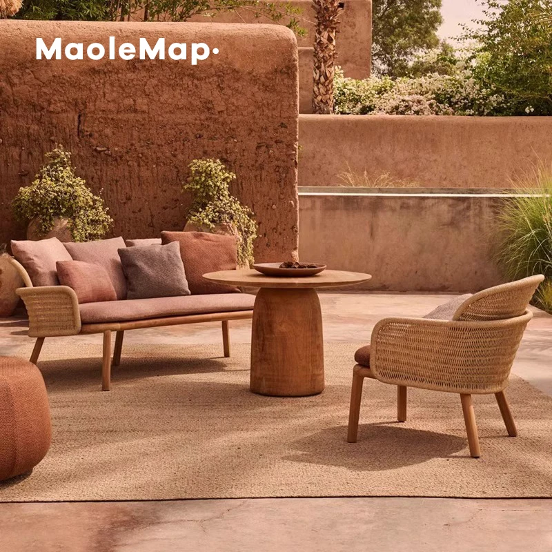 Outdoor sofa solid wood rattan cafe chairs garden teak leisure three-piece hotel portfolio coffe table restaurant furniture