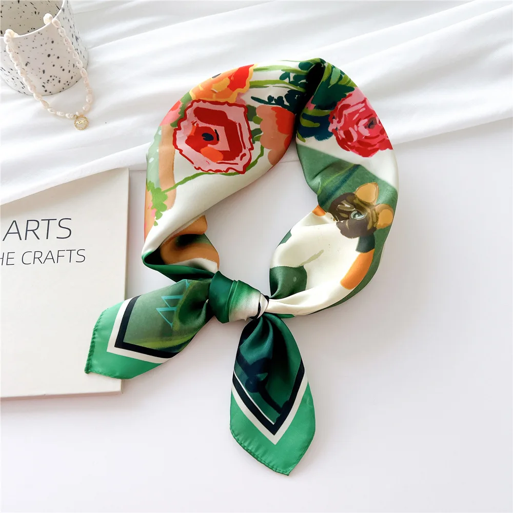 Bandana Custom square Satin Head Luxury Brand Flower Leaves Print on Silk Scarf Digital Printing Scarf for Women Silk Scarf