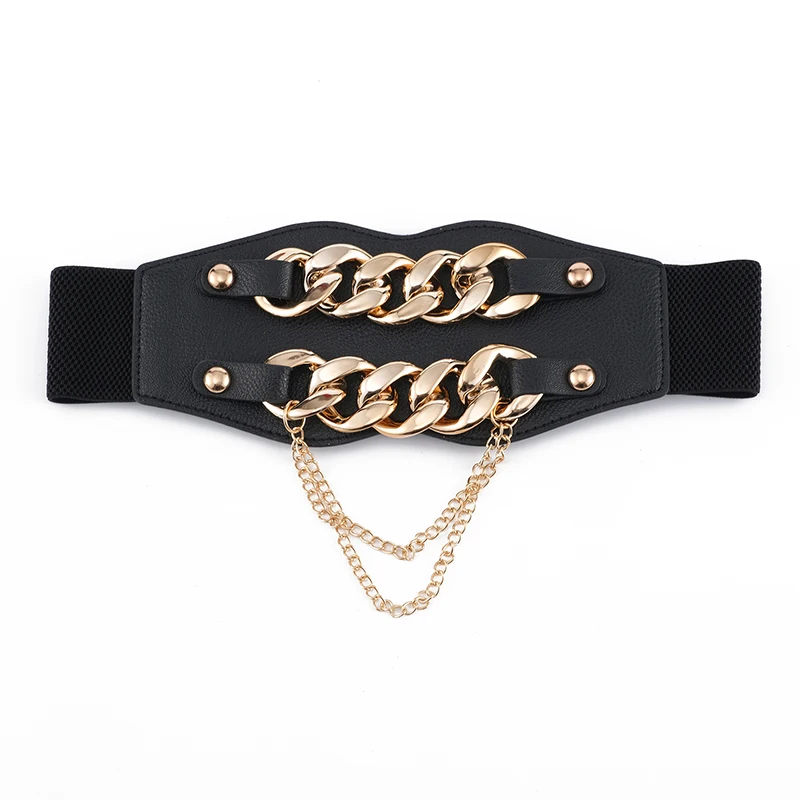 Women Elastic Wide Girdle Double Row Gold Chain Women Dress Belt Fashion Coat Sweater Women PU Belt