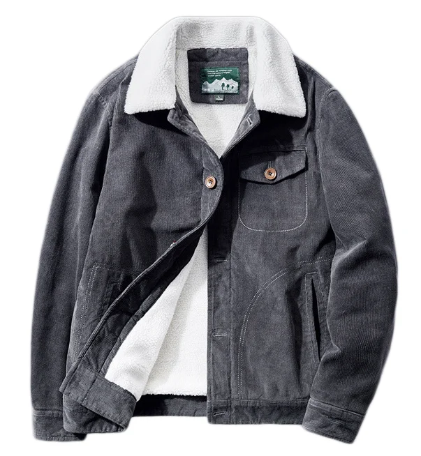 Mens dark grey or khaki or army green 100% cotton corduroy with cashmere lining heavy warm winter jacket