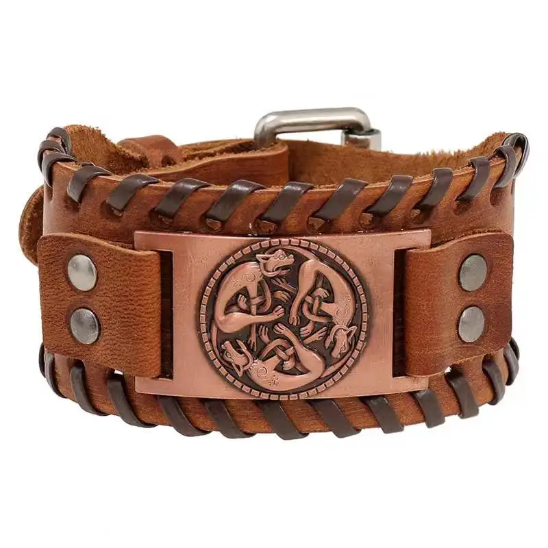 2020 handmade metal alloy charms genuine leather bracelet viking warriors with iron  for men fashion designs mens accessories
