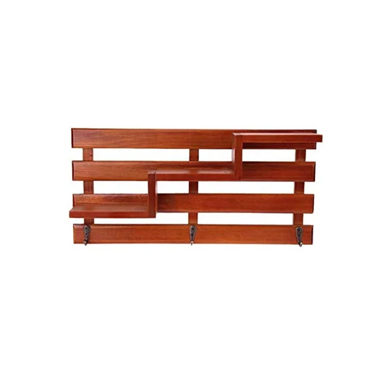 Three Layer Entryway Shelves Wall Mounted Holder Storage Organize Solid Wood Storage Racks Stair Display Shelf with Metal Hooks