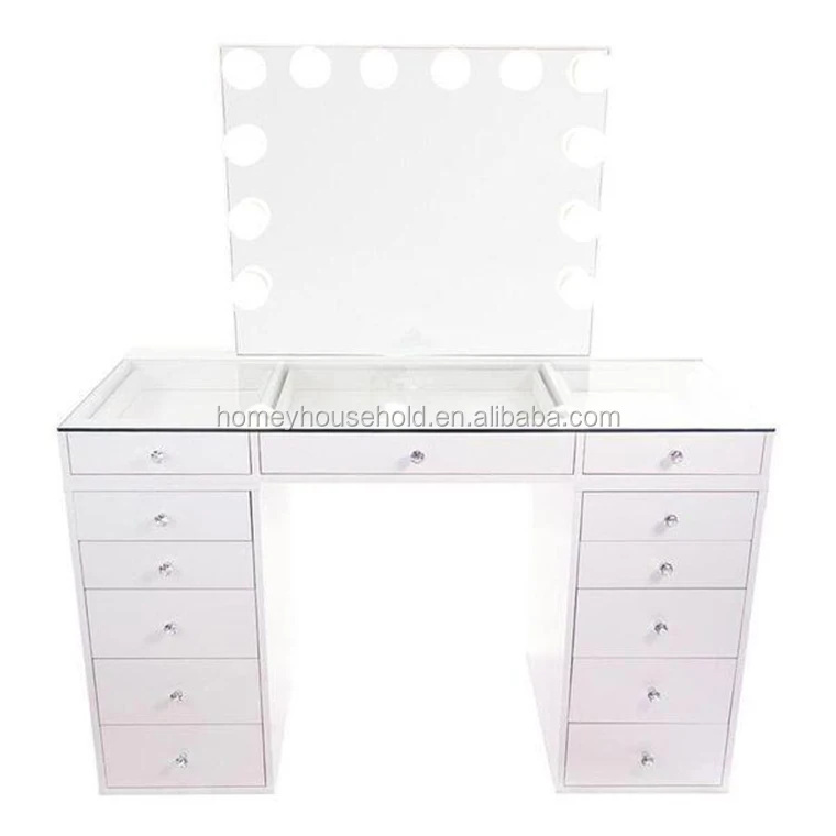 200819 Bedroom Furniture Muebles De Dormitorio Glasstop Bathroom Vanity Table Dressing Makeup Desk with Lighting Mirror