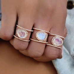 New Arrival Irregular 14K Rose Gold Plated Stacking Double Lines Natural Stone Moonstone Engagement Finger Rings