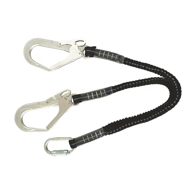 Tower climbing full body safety harness with shock absorbing double lanyard