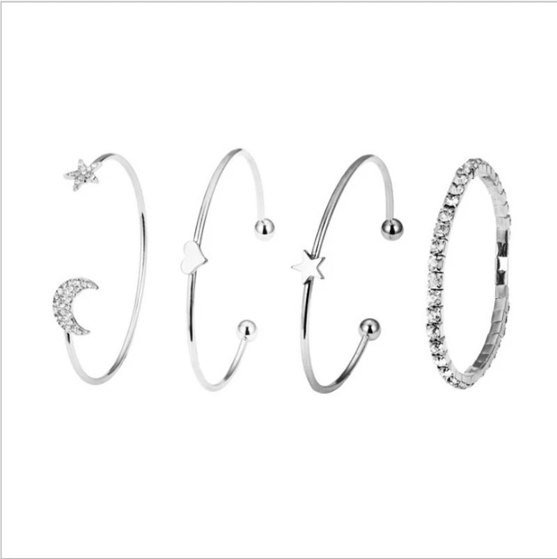
Newest 4PCS/Set Fashion Cuff Bracelet Bangles Sets for Women Crystal Star Moon Heart Charm Ladies Bracelet Bangle Jewelry Set 