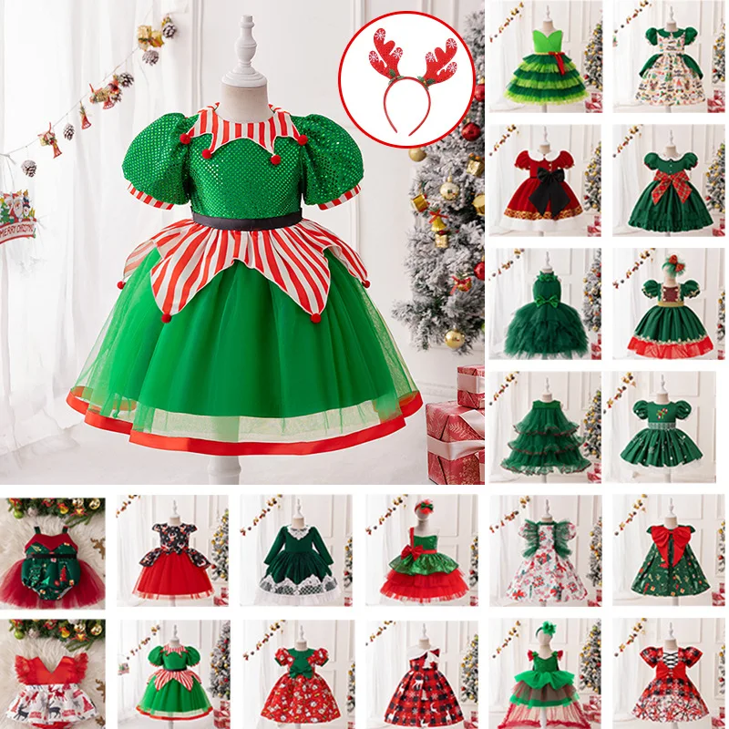 Girls Dress Santa Snowflake Children Shirt Cartoon Print Princess Christmas Party Cos Performance Costumes