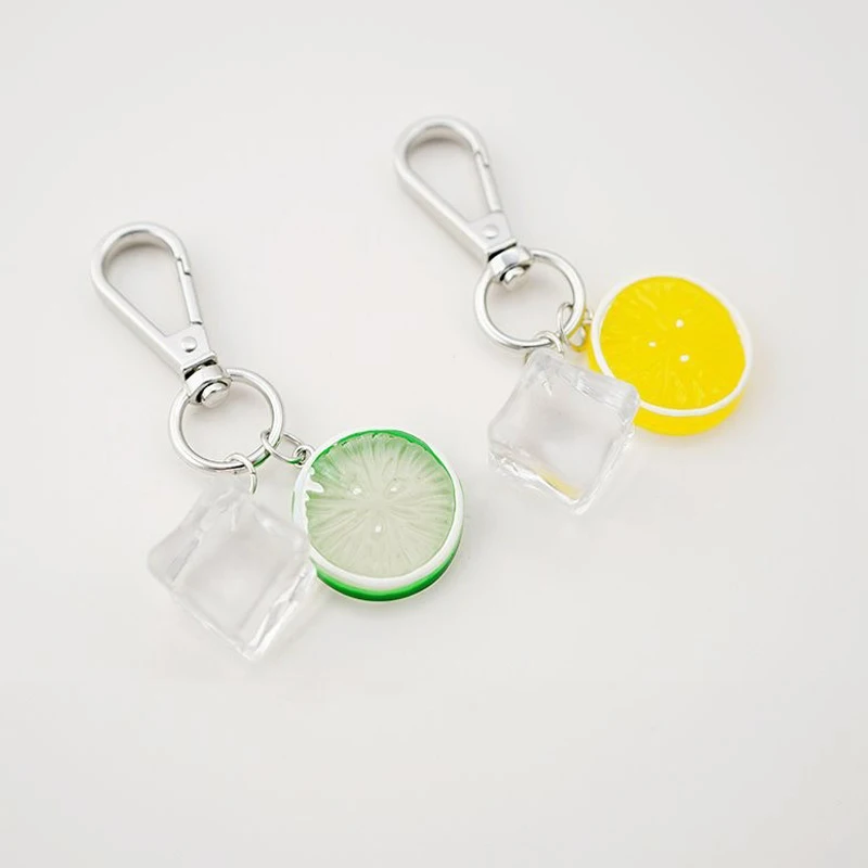 Wholesale 3D Acrylic Lemon Ice Cubes Keychain UV Printed Keychain with Alloy Keyring