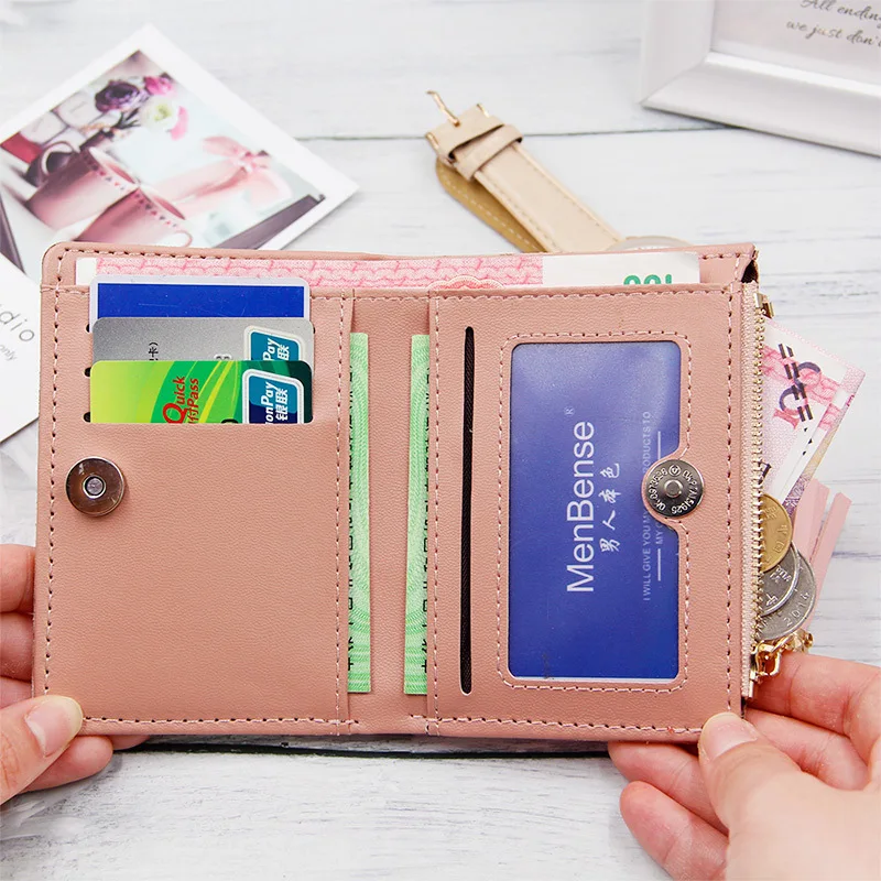 2020 New Large Capacity Women short Wallet with Wristband, Patchwork Synthetic Leather Zipper Wallet Phone Case for Women
