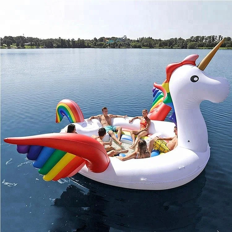 PVC Water Float  Lake Sea Beach Water Equipment Outdoor Big Rainbow Unicorn For 6 Person Inflatable Floating Island