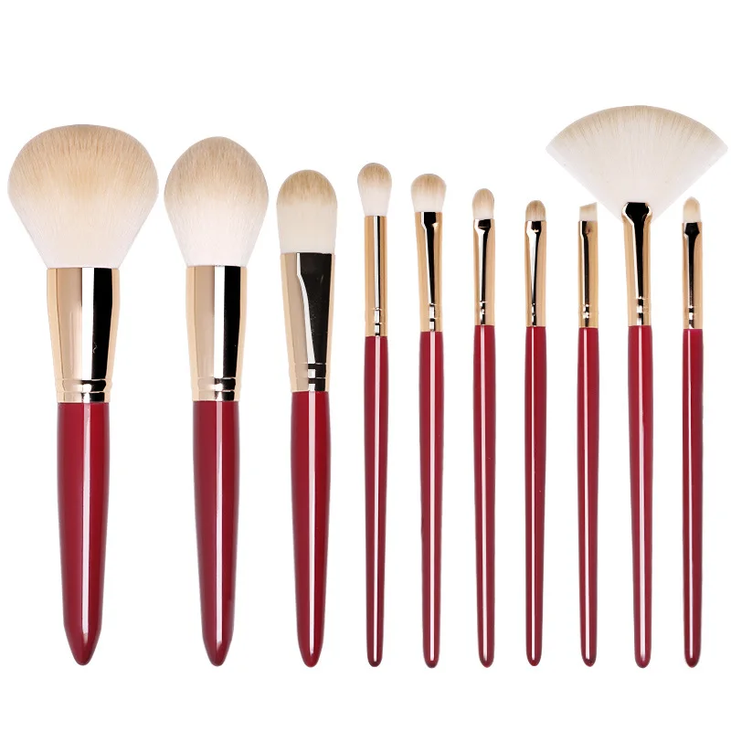 
Professional Beauty Tool Customer Logo Bright Red Highest Quality Synthetic Hair Wooden Handle Makeup Brushes 