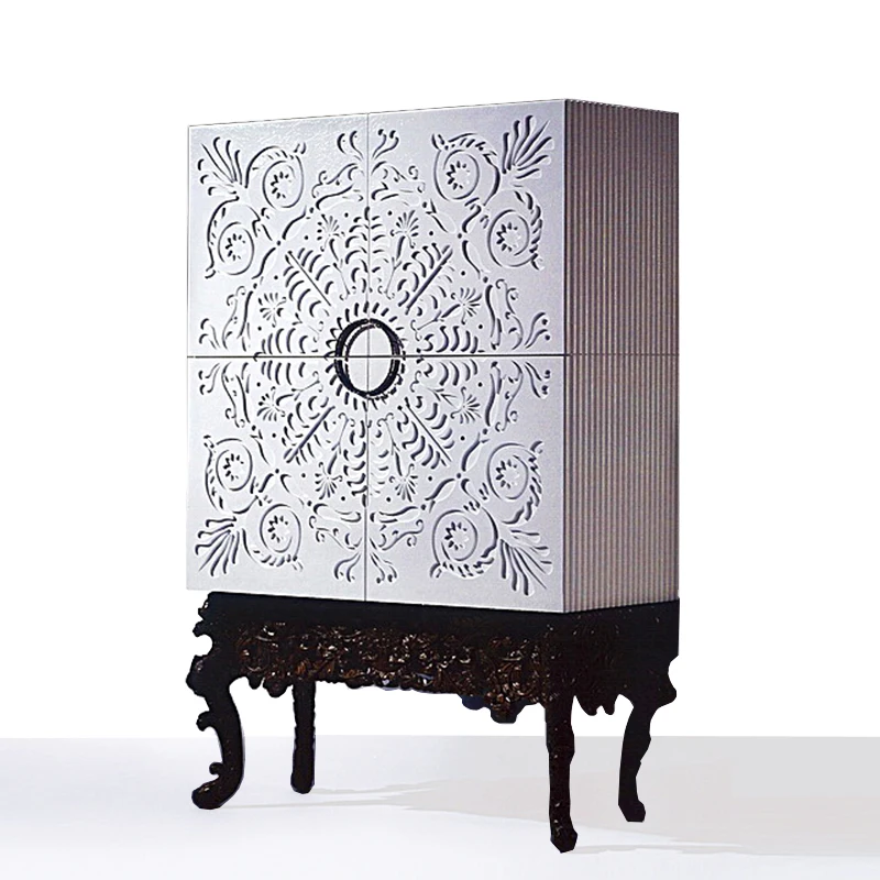 Exclusive Designed European Pure White Lacquer Painted High Relief Curio Cabinet with Black Console