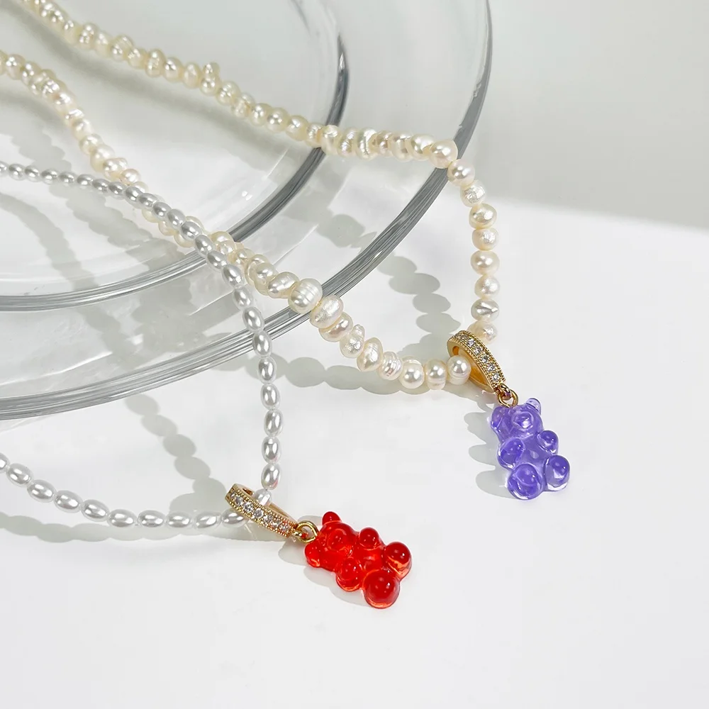 Stainless Steel Sweet Colors Multicolor Bear Acrylic Pendant Choker Necklaces Women 18K Gold Plated Beaded Pearl Fine Jewellery