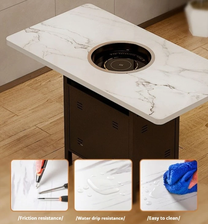 Solid wood rock plate hot pot table commercial barbecue restaurant restaurant Marble table and chair combination card seat