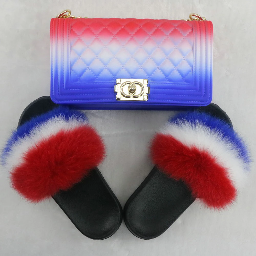 
Hot selling wholesale posh fur slides and purse sets outdoor luxury handbags for women 