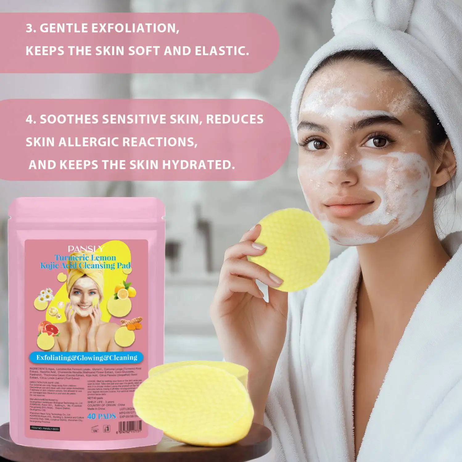 PANSLY Wholes Private Label 40Pcs Infused Foaming Exfoliating Pads Non-Irritating Turmeric Cleansing Pads For Dark Spot