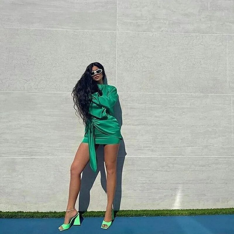 Green puff sleeve satin dress stand collar loose dress Women Long Sleeve Casual shirt dress with Waist Belt