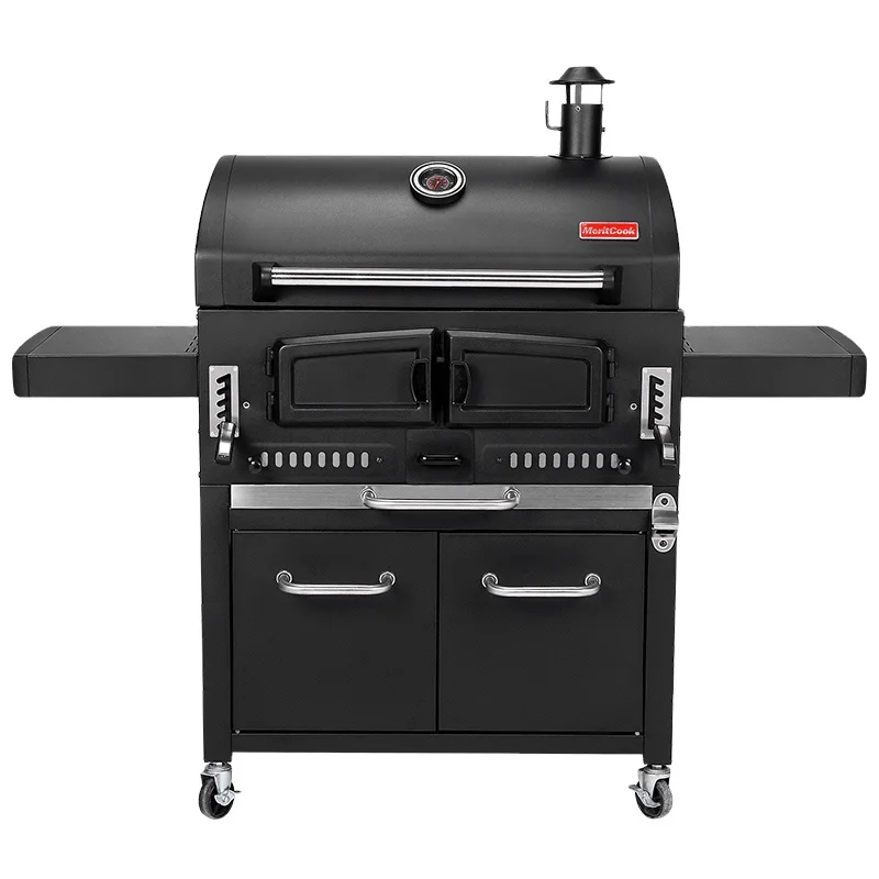 Outdoor Heavy Duty Charcoal BBQ Grills Trolley Portable Cast Iron Barbecue Grid Smoker BBQ Grill with Rotisserie and Cabinet