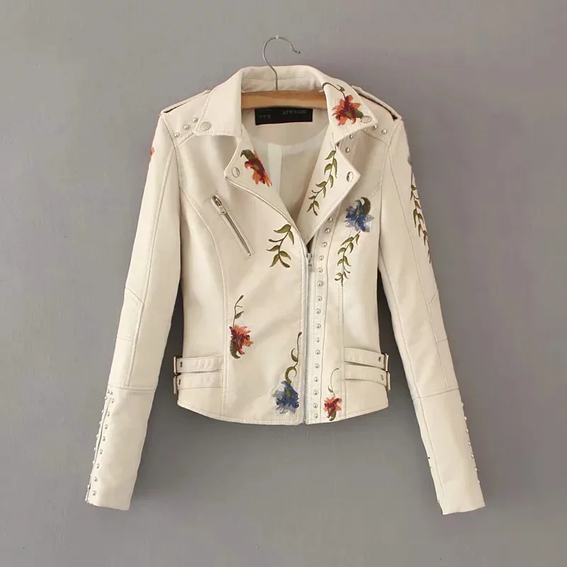 Women PU Faux Leather Outerwear Jackets New Autumn Winter Lady Slim Fit Floral Embroidery Zippers Black Motorcycle Coat