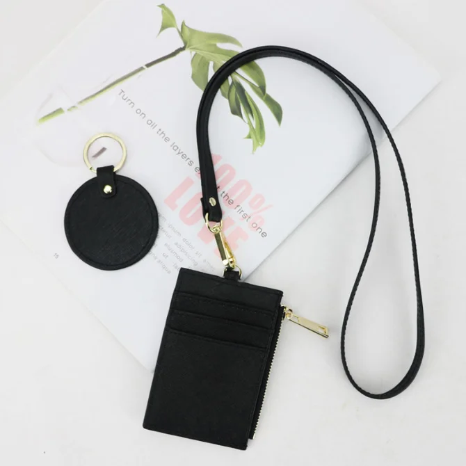 custom zipper badge saffiano genuine leather name id card holder with lanyard