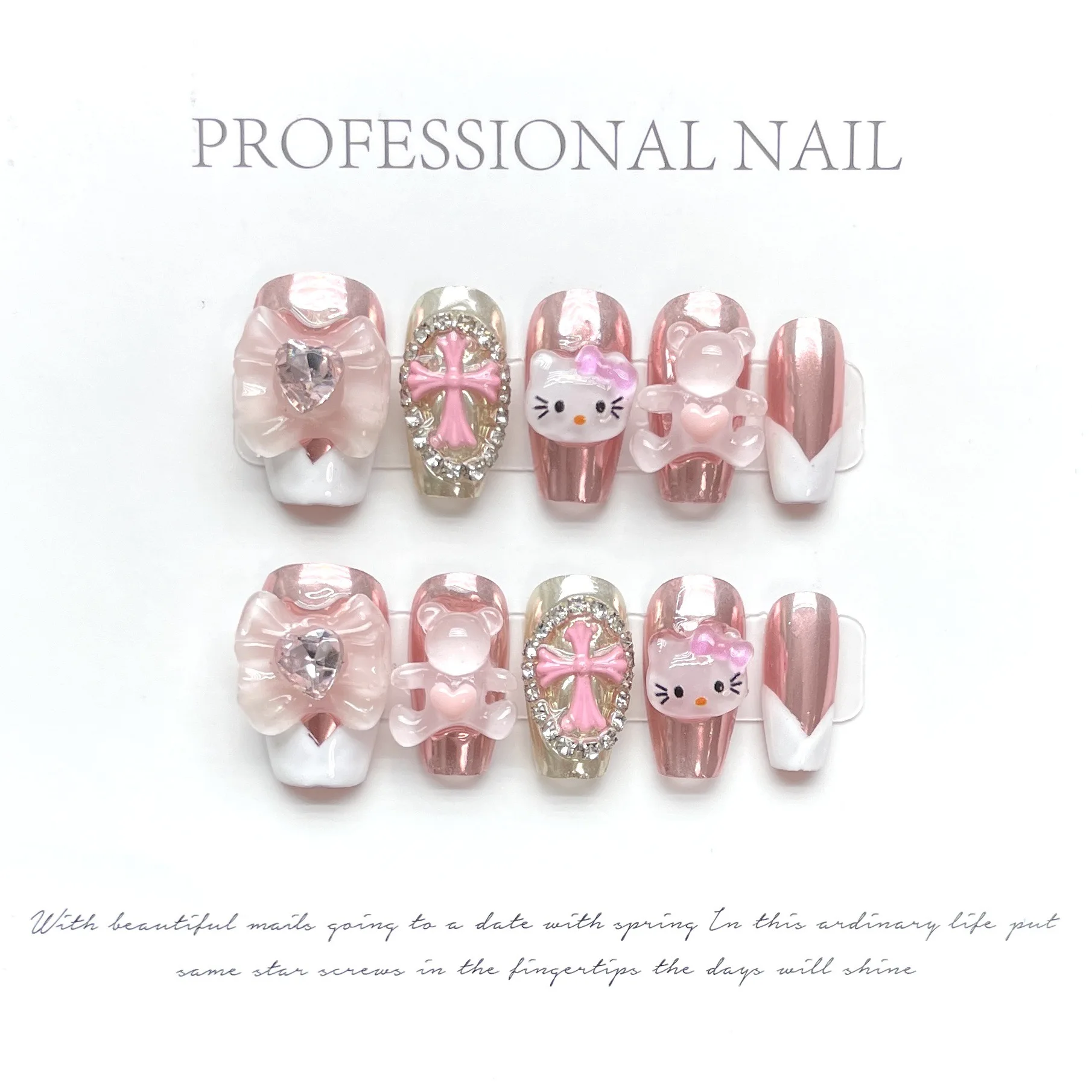 Wholesale Custom Luxury Bling Stones Handmade Press On Nails Medium Coffin Heart Pearl French Tip Nails Manicure Acrylic Nails