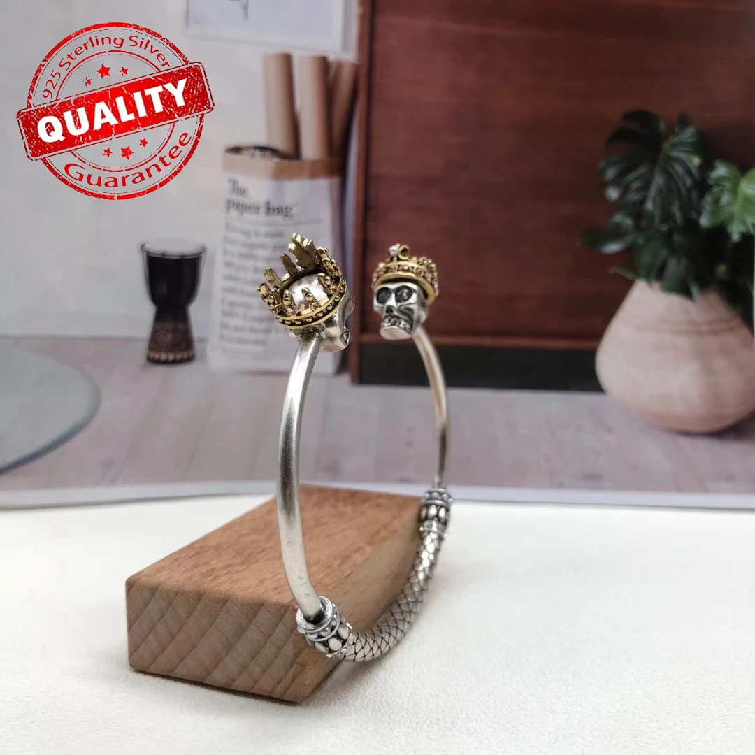 Alexander McQueens Factory Direct  925 Silver Double Gollum Head Zircon Open Bracelet with Retro Style Design and Premium Sense