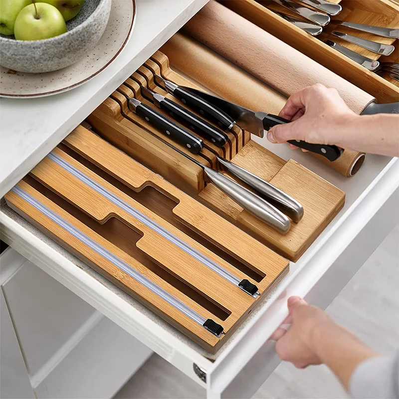 2 in 1 Kitchen Bamboo Wood Tin Foil Wax Paper Roll Plastic Cling Wrap Paper Aluminum Tin Foil Cutter Dispenser