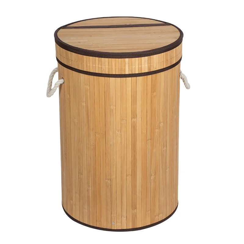 Round foldable Bamboo Laundry Basket Large Capacity for Dirty Clothes Storage and Grocery Basket With Lid And Handle