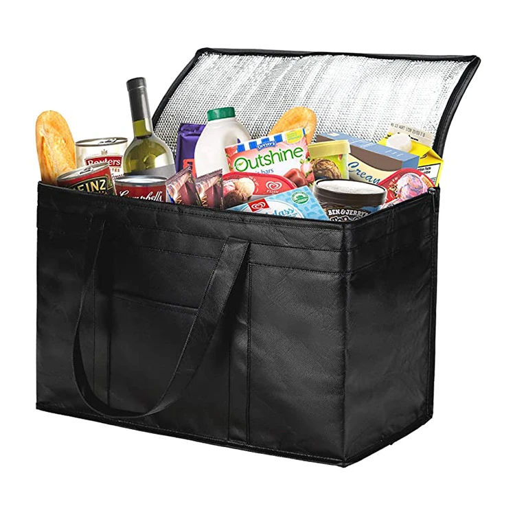 Black custom logo printed large capacity eco friendly shopping thermal insulation tote bags cooler