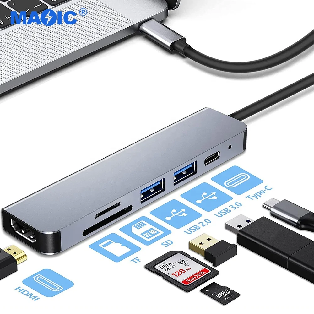 Компьютерное оборудование, программное обеспечение, type c, зарядный концентратор, многопортовый адаптер, usb c концентратор 6 в 1 с 4k, 30 Гц, порт hdmi, USB 3,0, порт USB 2,0