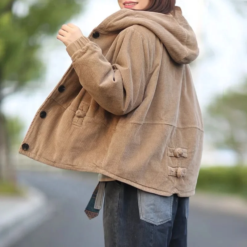 Hooded Corduroy women coat fall Korea style loose big size cotton clothing