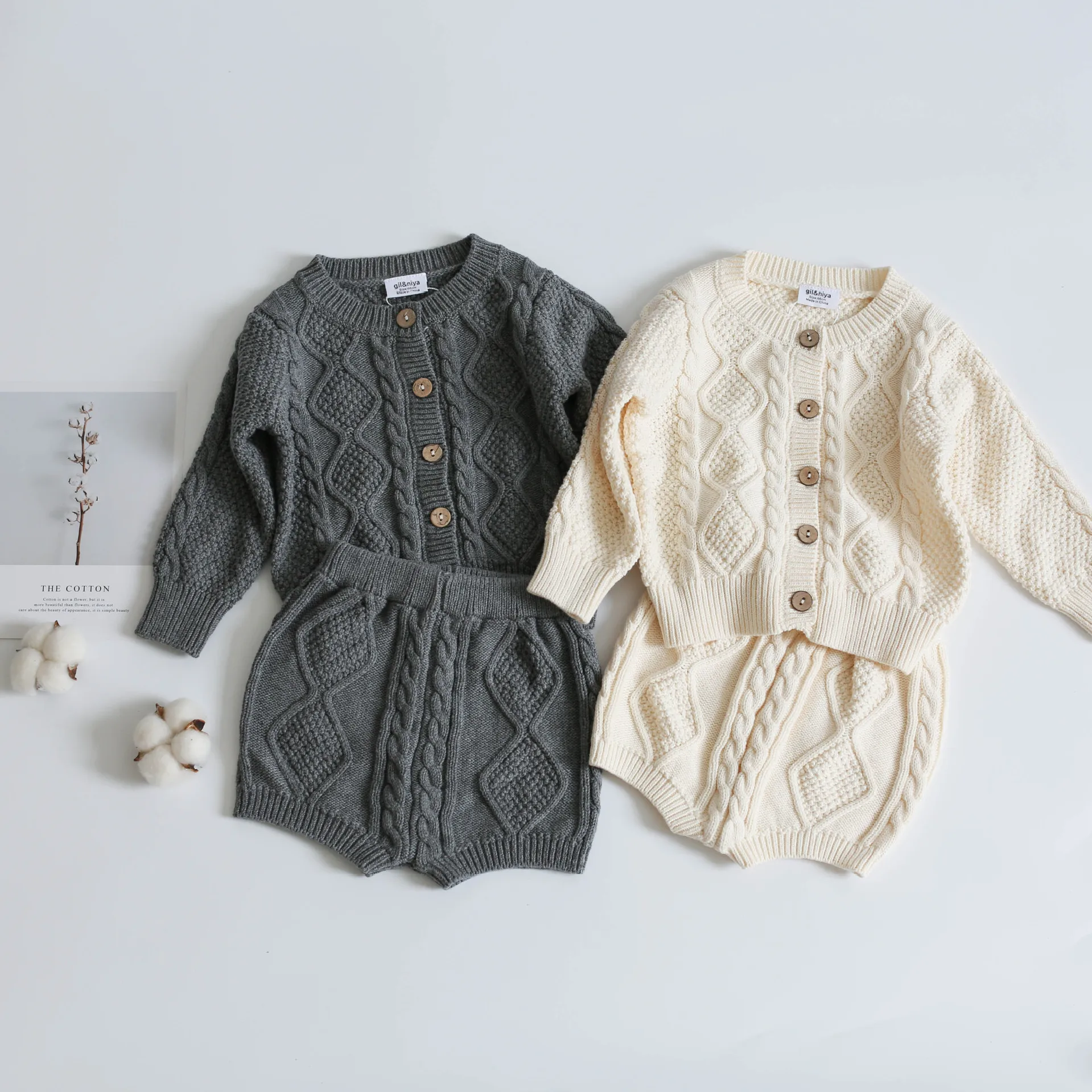 Custom Logo Autumn Kids Girl Long Sleeves Cardigan Infant Knitted Sweater Shorts Solid Color Newborn Baby Clothes Set