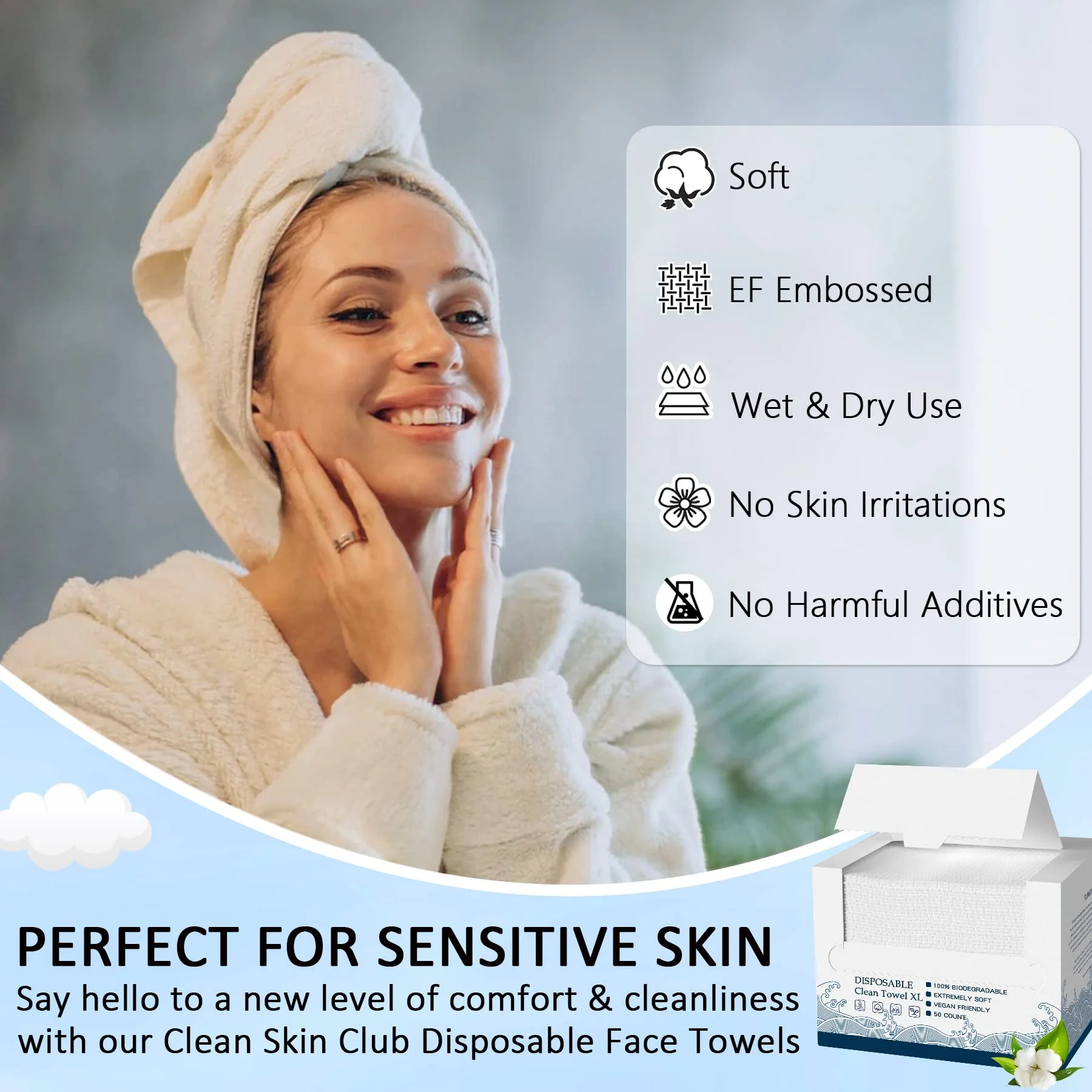 Disposable Skin Clean Towels XL 100% Biodegradable Face Towel Dry and Wet Use Wipes 50 Count