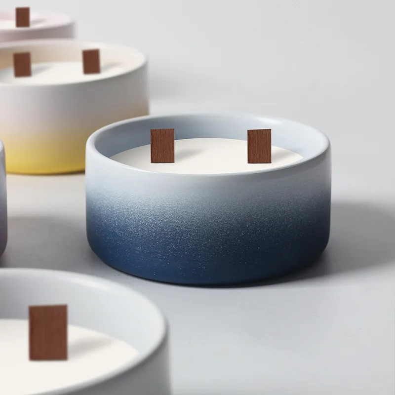 Custom Logo Size Nordic 2 Wicks Gradient Color Matte Ceramic Empty Candle Making Container Vessels Jar