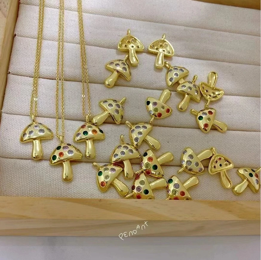 18k Gold Plated Trendy Color CZ Stone Cute Tree Bell Mushroom Charm Pendants For Jewelry Making Gift for Teenage Girls