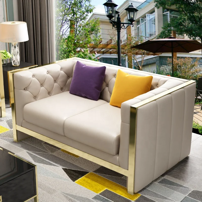 Sunbellar leather sofa set furniture modern design white leather gold stainless steel base living room sectional  sofa