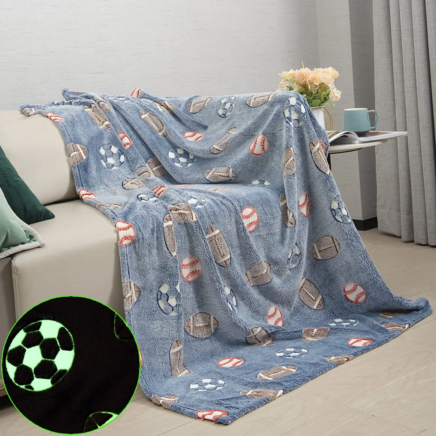 Glow in Dark Throw Blanket Luminous Football Blanket For Boys Cozy Fleece Soft Plush Kids Flannel Blanket